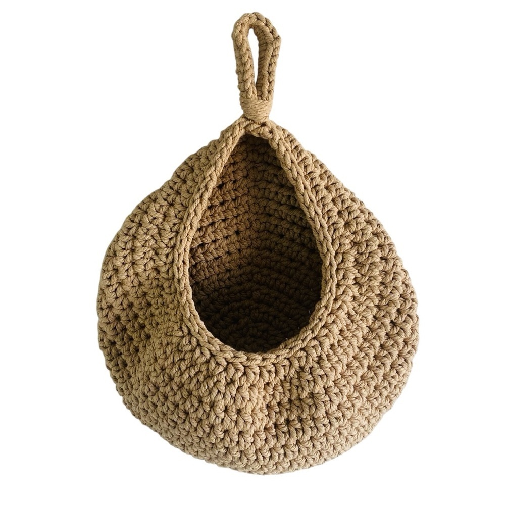 Hand Woven Crochet Boho Style Drop Hanging Fruit Basket Size 11” x 11”